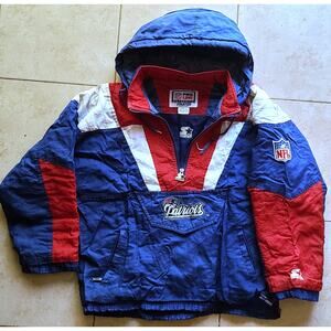 New England Patriots 90s STARTER puffer Pullover jacket yth L blue NFL Pro vtg